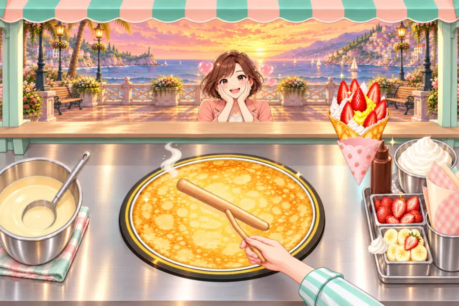 パステルカラーのクレープワゴンの中から見たゲーム画面。手前の丸い鉄板にうすい生地が広がり、トンボを持った手と光る金色の輪。奥の窓の外には夕焼けの海辺と、できあがったいちごクリームのクレープを喜ぶお客さん