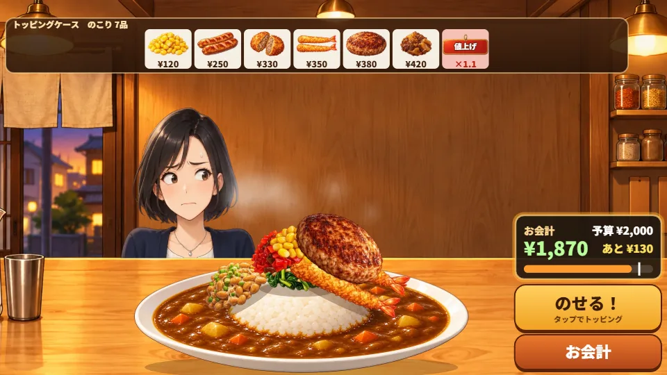 横長の画面。カウンターの向こうで会社員の女性がそわそわしている。皿にはハンバーグ、エビフライ、コーン、納豆がのり、上のケースには赤い値上げ札がまじっている。右にお会計1,870円・予算2,000円の表示