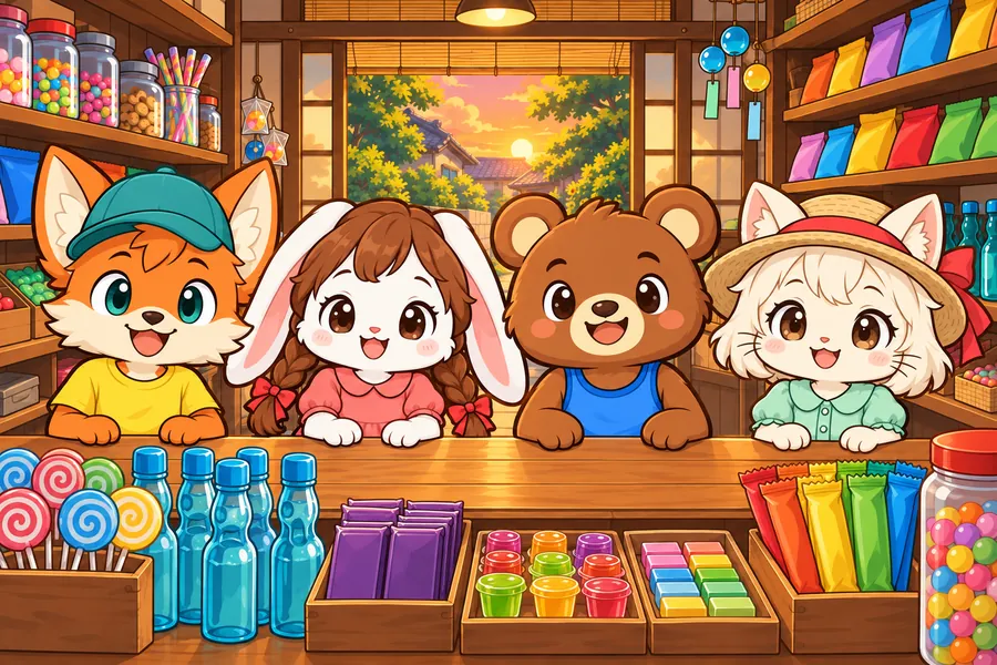 夏の夕方の駄菓子屋で、カウンターに色とりどりのお菓子がならび、動物の子どもたちがにこにこしている