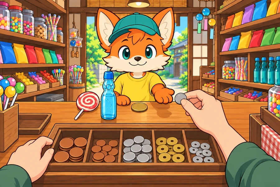 夏の夕方の駄菓子屋で、カウンターに色とりどりのお菓子がならび、動物の子どもたちがにこにこしている