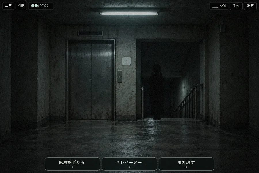 夜の団地のエレベーターホールを一人称で見たゲーム画面。エレベーターと下り階段の前で、階段・エレベーター・引き返すのボタンから選ぶ