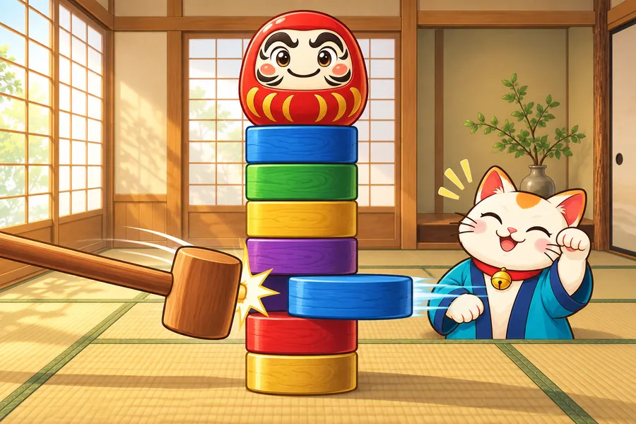 和室で、まねきねこが見守る中、高くつんだだるまおとしのブロックが1段とんでいく瞬間
