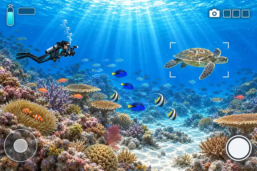 明るいサンゴ礁の海中で、ダイバーがカメラを構え、ファインダーの枠の中を泳ぐアオウミガメをねらっている。左上に空気タンクのメーター、右下に撮影ボタン