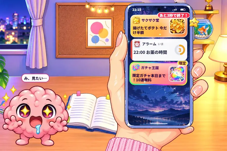 夜の勉強机の部屋のゲーム画面。手に持ったスマホに、時計の輪がついた白い大事な通知と、キラキラ光る誘惑の通知が並び、机の上ではピンクの脳みそのマスコットがよだれをたらしてスマホを見ている