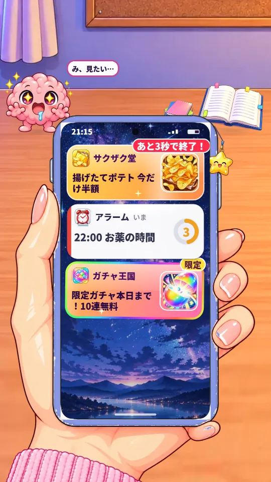 スマホの縦画面。手に持ったスマホに、時計の輪のついた白い通知と、写真つきのキラキラした通知が並び、上の机ではピンクの脳みそのマスコットが反応している