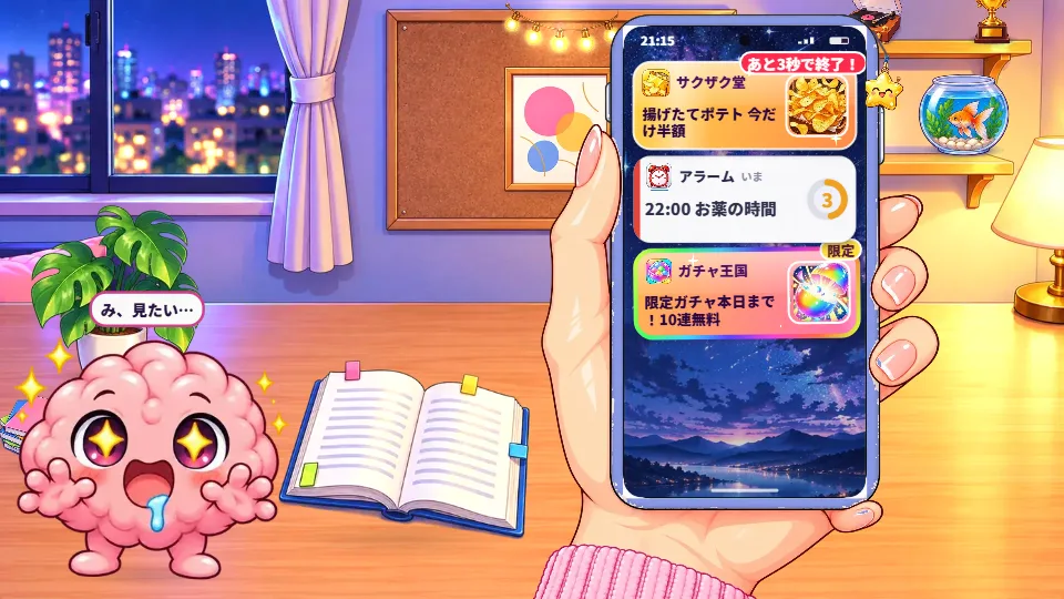 横画面。左に夜の勉強机の部屋と脳みそのマスコット、右に手に持ったスマホと通知カード