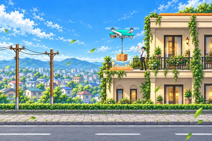 ゲーム画面。朝の住宅街を横から見た画面で、ティール色の配達ドローンがロープでつるした段ボール箱を、マンションの屋上のオレンジのマットへおろしている。マットの横では会社員の男性が手をふり、左には電柱と電線、風に舞う葉っぱ