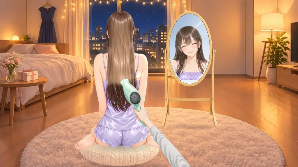 横画面。ガーランドライトの飾られた部屋で、ラグの上のクッションに座った女性の髪にドライヤーを当てている。奥の姿見に気持ちよさそうな顔が映る