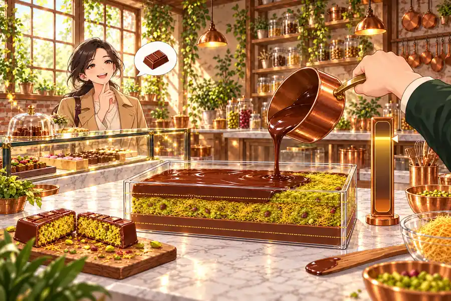 朝のショコラ工房。白い大理石の作業台の上の透明な型に、ミルクチョコの層と緑のピスタチオのフィリングが重なり、右から手が銅のポットでチョコを注いでいる。奥のショーケースの向こうに注文中のお客さん、手前には切った断面の見えるチョコ