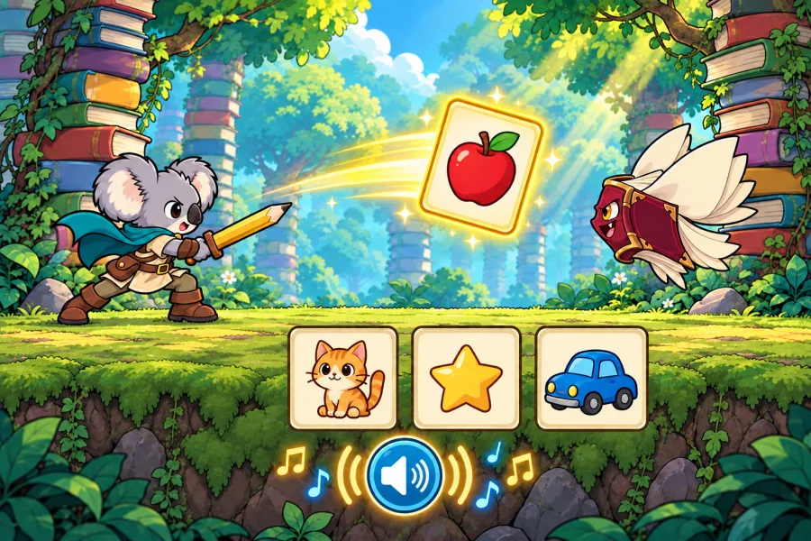 本がつみ重なる森で、コアラの勇者が光る言葉の力でモンスターと戦っている