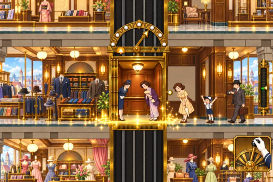 デパートを断面で見たゲーム画面。真ん中のたて穴で木目のエレベーターのかごが3階の床にぴたりと止まり、金色の光の輪が広がっている。かごの中で制服の係員とマダムがおじぎし、右の乗り場では親子がにっこり、男の子がばんざい。上に半円の階数インジケーター、右下にレバーをにぎる白い手ぶくろ