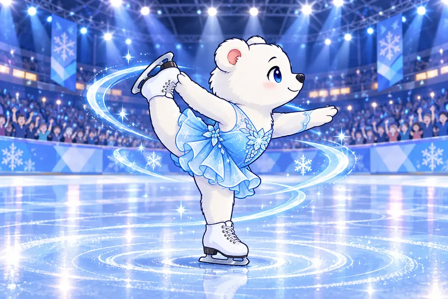 大きなリンクの真ん中で、シロクマの子がスピンして観客がわいている