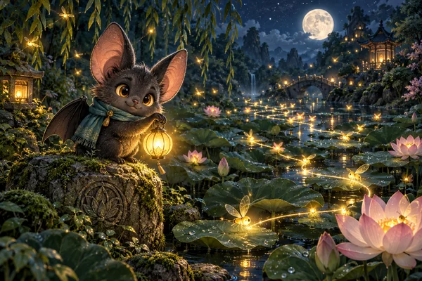 月夜の蓮池でコウモリの灯守が蛍の光の道を見守る