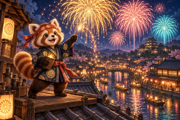 レッサーパンダの花火師と、色とりどりの花火が咲く祭りの街