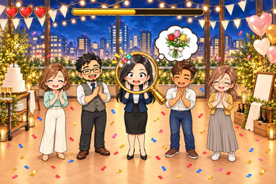 ゲーム画面。夜景の見えるレストランの二次会で、大人5人が横にならんで立っている。まん中の黒髪の女性に金の虫めがねがかかり、ギクッとした顔が大きく映っている。頭の上の吹き出しにはブーケの絵。まわりの4人は笑って拍手し、紙ふぶきが舞っている