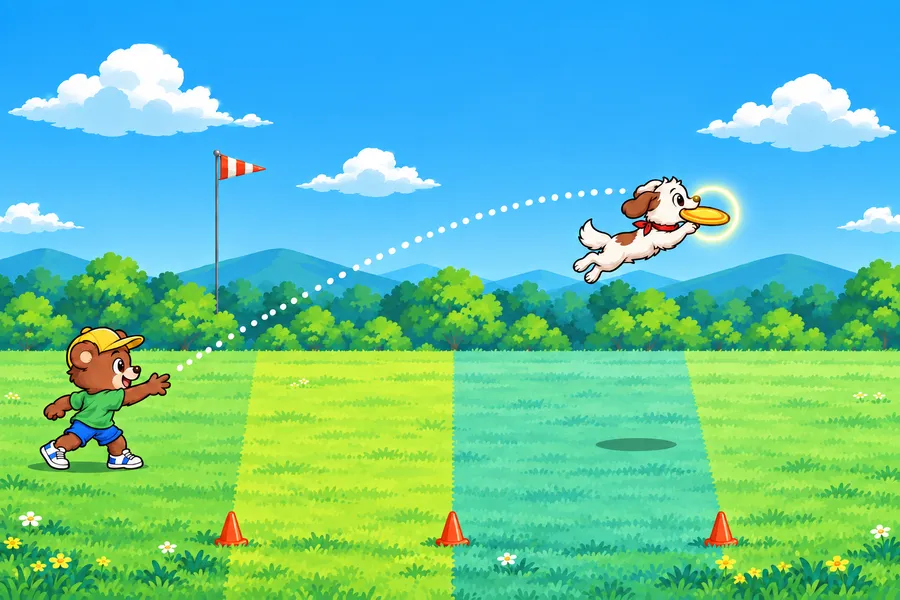 公園の芝生で、こぐまのポポが投げたフリスビーを、子犬のハルがジャンプして空中でキャッチしている