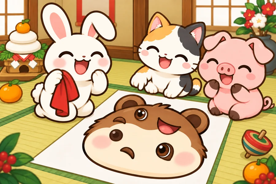 目や口がへんな場所についたタヌキの顔を見て、どうぶつたちが大笑いしているお正月の福笑い