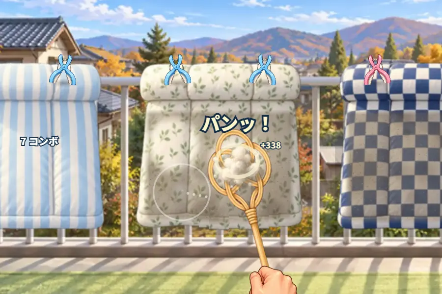 ゲーム画面。秋晴れのベランダの手すりに、布団ばさみで留めた布団が干してある。下から出てきた手がにぎる籐の布団たたきが布団をたたき、ほこりの雲と「パンッ!」の文字。左にはふかふかになった布団、右には次の布団
