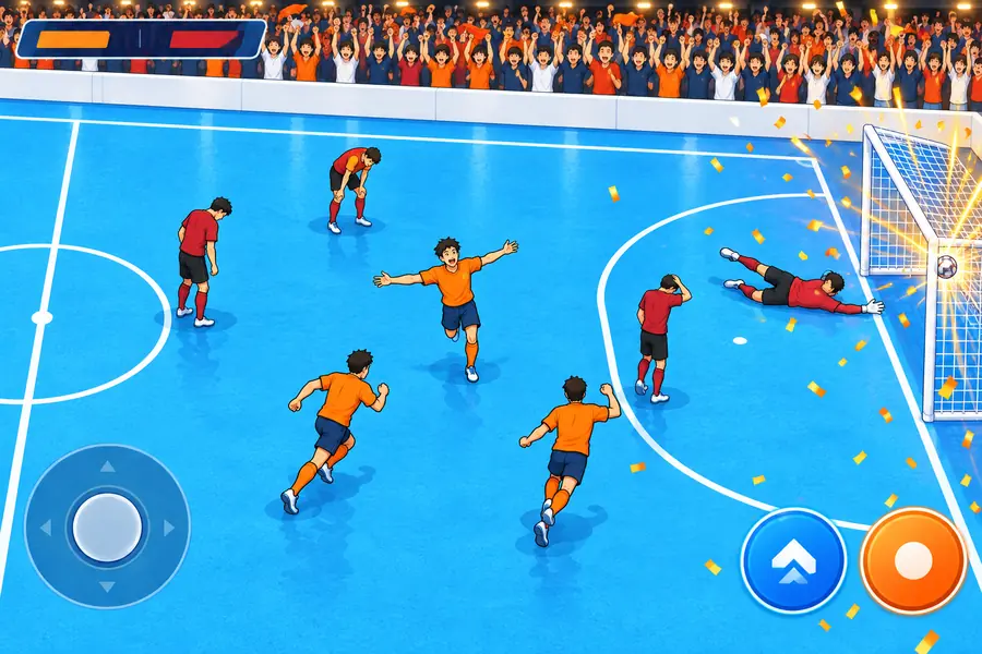 青いフットサルコートで、オレンジのユニフォームの選手がシュートを決めてネットが揺れ、紙ふぶきが舞う中で仲間とよろこび、赤い相手チームががっくりしている