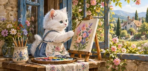 花に囲まれた窓辺で絵を描く白い子猫