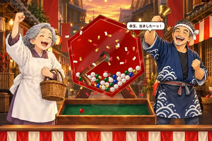 夕方の商店街の福引所のゲーム画面。長机の上の台に、ガラス窓つきの赤い六角形のドラムが据えられ、中に色とりどりの玉が入っている。手前の受け皿に赤い玉が1個転がり、法被の福引係がベルを高く鳴らし、お客さんが両手を上げて喜んでいる