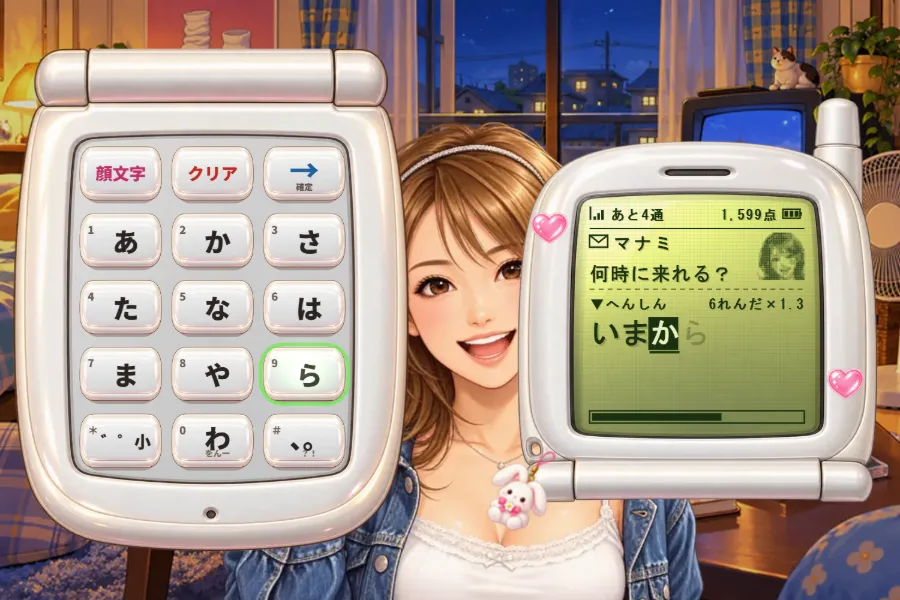 ゲーム画面。夜の部屋を背景に、左に白い折りたたみ携帯の数字キー、右に携帯の緑色の液晶画面。液晶には「マナミ　何時に来れる？」というメールと、打ちかけの返信。次に押すキーが緑に光り、真ん中では茶髪の女性がほほえんでいる