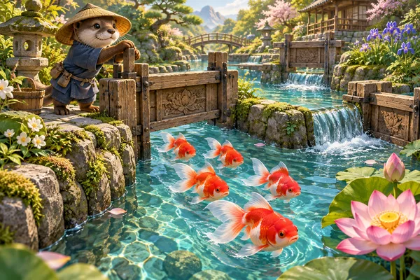 花咲く庭園の水路で、カワウソの水門番と泳ぐ金魚たち
