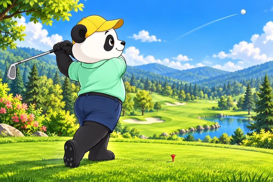 青空の丘のコースでティーショットを打つパンダ