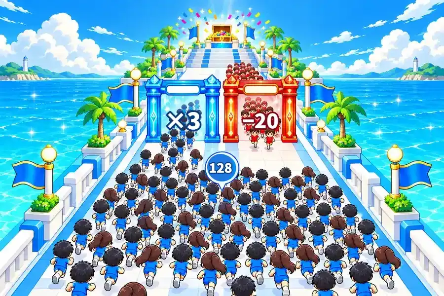 ゲーム画面。青空の下、海の上をまっすぐのびる白と水色のタイルの橋を、青い服の小さなランナーの大群が奥へ走っている。前方には青と赤の数字ゲートが並び、さらに奥には赤い服の群れと、白い段の人間階段