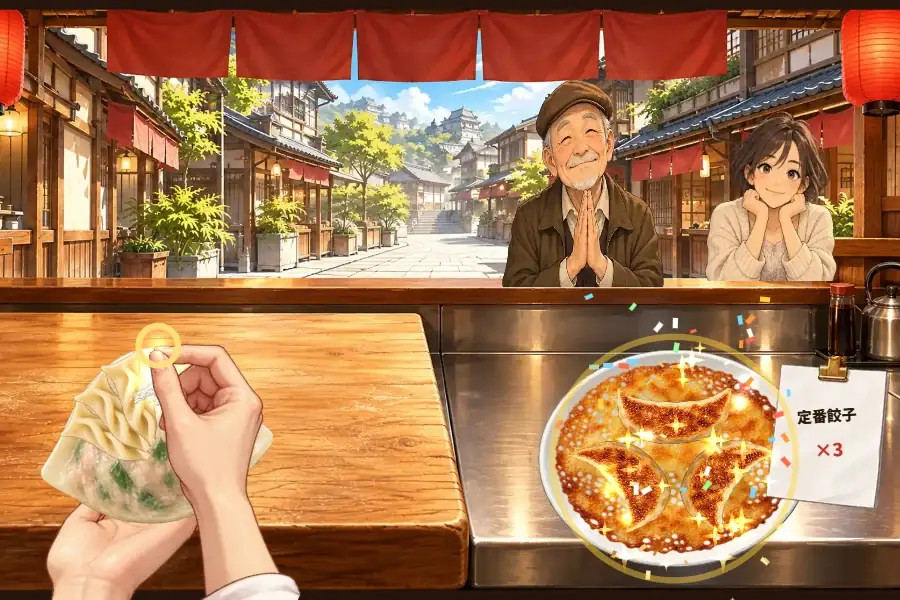 焼き餃子の店のカウンターから見たゲーム画面。手前では左の手のひらにのせた餃子の皮のふちを右手の指がつまんでひだを作り、つまむ所に光る輪。右の鉄のフライパンでは黄金色の羽根が広がった焼き上がりの餃子から湯気が立ち、奥のカウンターで会社員のお客さんと親方が笑っている