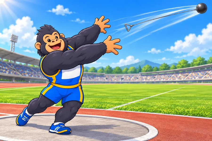 晴れた競技場のサークルで、青いユニフォームのゴリラの選手がハンマーを遠くへ投げ終えて笑っている