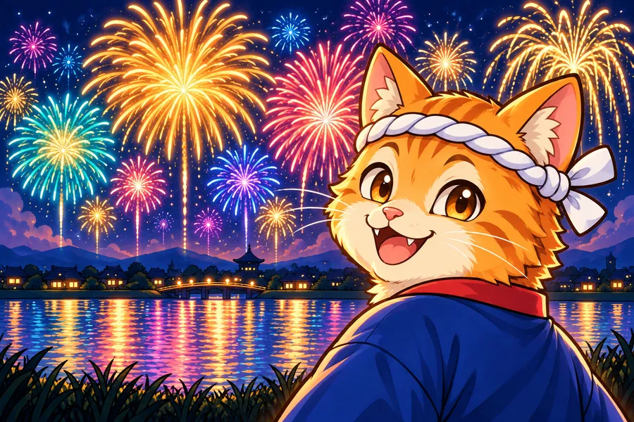 夜空いっぱいに大きな花火が開き、はっぴ姿のネコの花火職人が得意げにふりかえっている