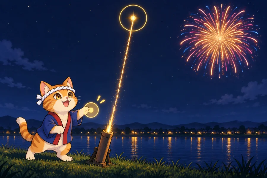 夜空いっぱいに大きな花火が開き、はっぴ姿のネコの花火職人が得意げにふりかえっている