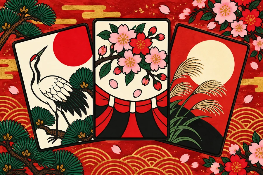 松に鶴・桜に幕・芒に月の光札が扇のように広がった花札の絵