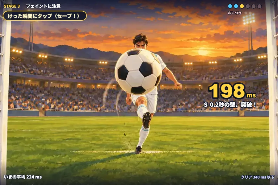 テスト中の画面。サッカーのゴールキーパーの目線で、キッカーがけったボールがこちらへ飛んでくる。画面の中に反応時間のミリ秒の数字と判定が出ている