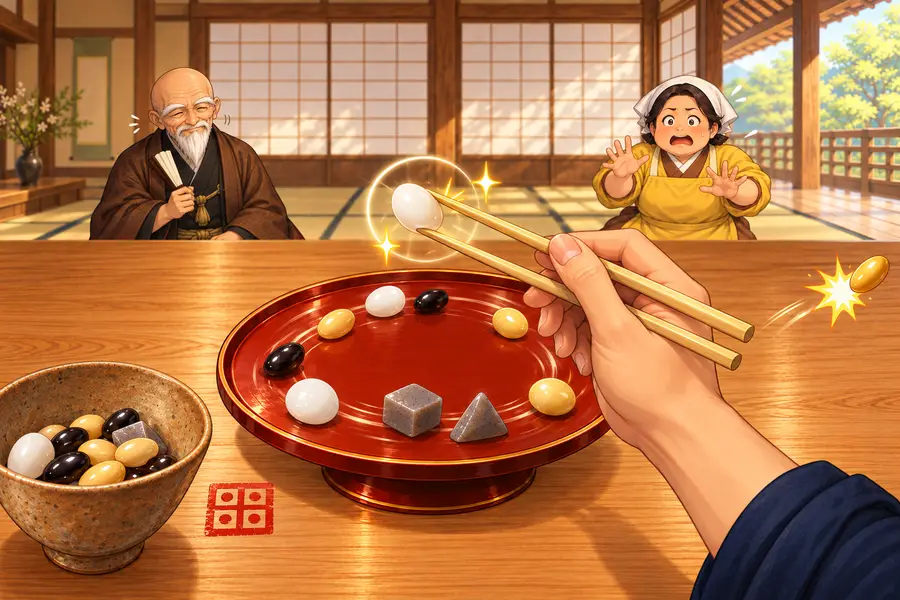 道場の座卓を見下ろしたゲーム画面。朱塗りの回転盆の上を大豆や黒豆がまわり、右下から一人称の手が竹の箸でつやつやのうずらの卵をはさんだ瞬間。奥には白いひげの師範と対戦相手が座り、手前の小鉢に豆がたまっている