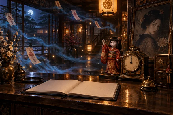 深夜の古い宿。時計と人形、肖像画の前に開かれた異変の帳面