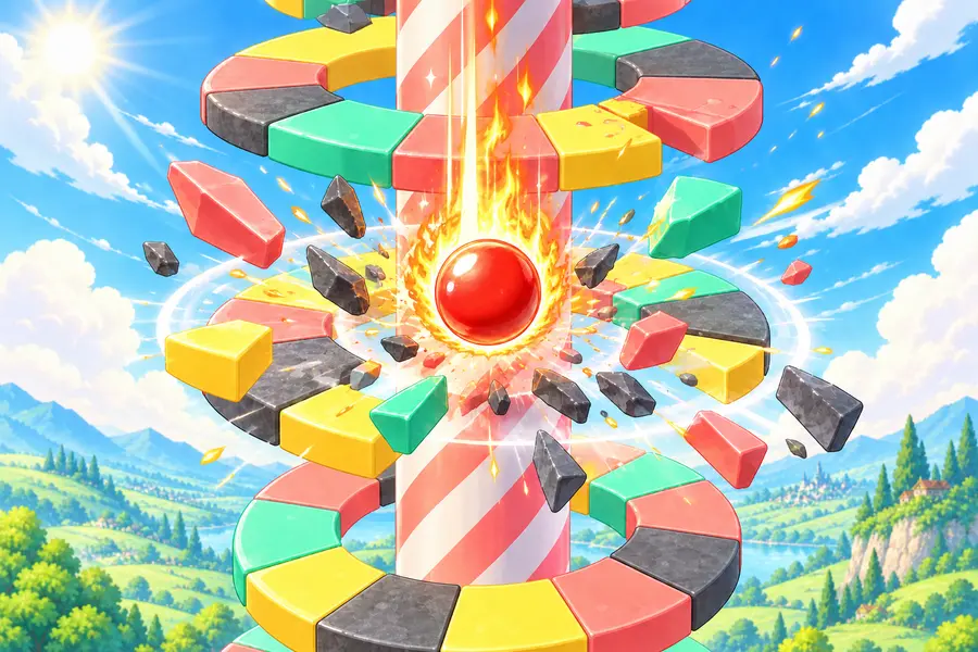ゲーム画面。空の中にカラフルな輪がたくさん積み重なったらせんタワーが立ち、炎に包まれたボールが輪をつぎつぎに割りながら落ちていく。割れた輪のかけらがまわりに飛びちっている