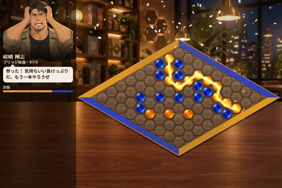 ボードゲームカフェの木のテーブルに置かれたひし形のヘックス盤。琥珀色の石が辺から辺までつながり、金色の稲妻が石の列を走っているゲーム画面