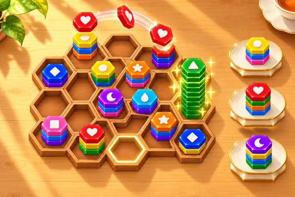 六角スタックそろえ！色わけパズル