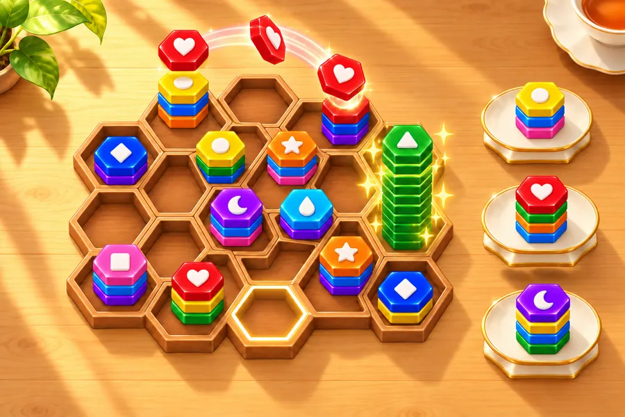 ゲーム画面。木のテーブルの上に六角形のマスが並んだ盤があり、色とりどりの六角チップがいくつも重なっている。赤いハートのチップが弧をえがいて裏返りながらとなりのスタックへ飛び、緑の三角のチップが10枚そろった高いスタックが光っている。右には次に置くスタックが3つ、受け皿にのっている