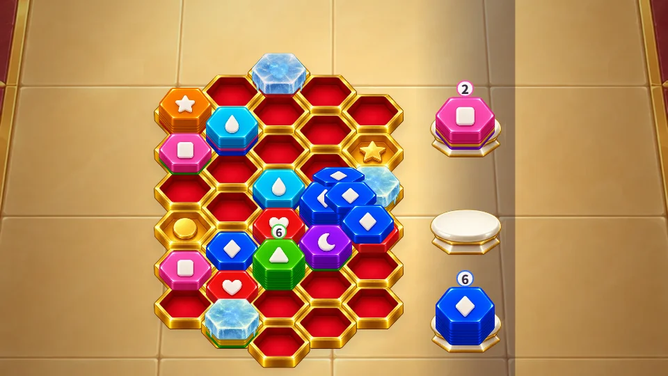 横画面。金と深紅の宮殿の盤に、たくさんのスタックとこおったスタック、★マスとコインマスが見える。右側には次に置くスタックが縦に並んでいる