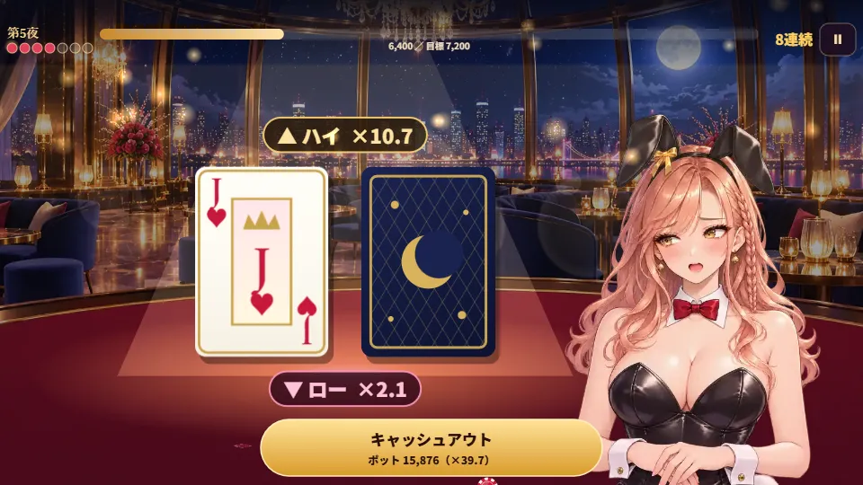 横画面。中央に表向きのカードと伏せたカード、上下にハイとローの倍率、右にノエミ