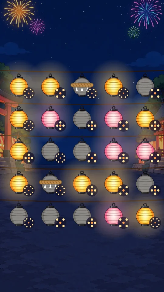 スマホの縦画面で、5×5にならんだちょうちんのうち、しめなわのちょうちんと金色・桃色・消えたちょうちんがまざっている
