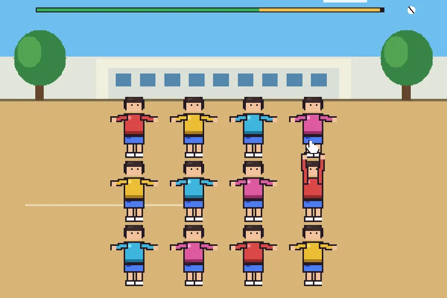 朝の校庭で体操するドット絵の人たちの上に、指さしカーソルと時間バーがあるゲーム画面