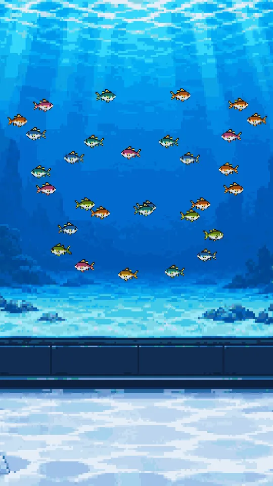 スマホの縦画面で、ドット絵の群れがそろって動き、上に時間バーと得点が表示されたプレイ画面