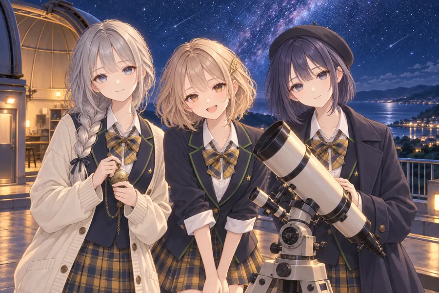 満天の星の屋上で、望遠鏡のそばに並ぶ3人の少女
