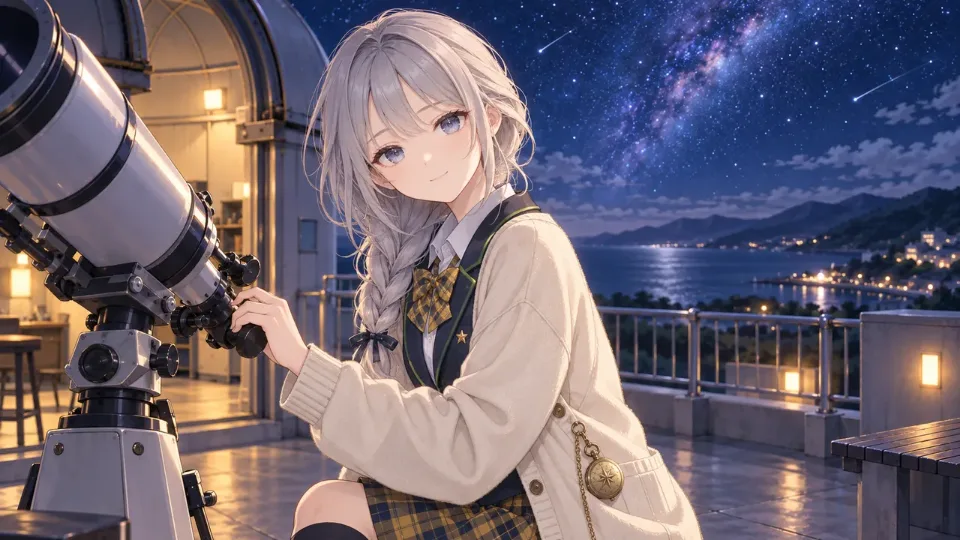 夜の屋上で望遠鏡をのぞくしずく