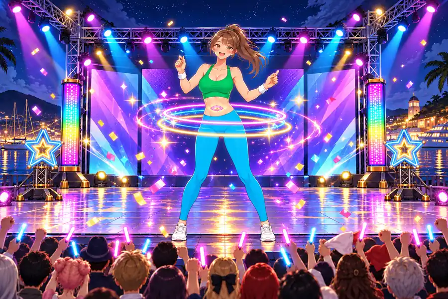 ゲーム画面。夜の野外フェスのステージの真ん中で、スポーティな衣装のパフォーマーが腰のまわりで光るLEDフラフープを何本も回している。おへその前には光るタイミングの目印、手前では観客がペンライトをふって盛り上がっている