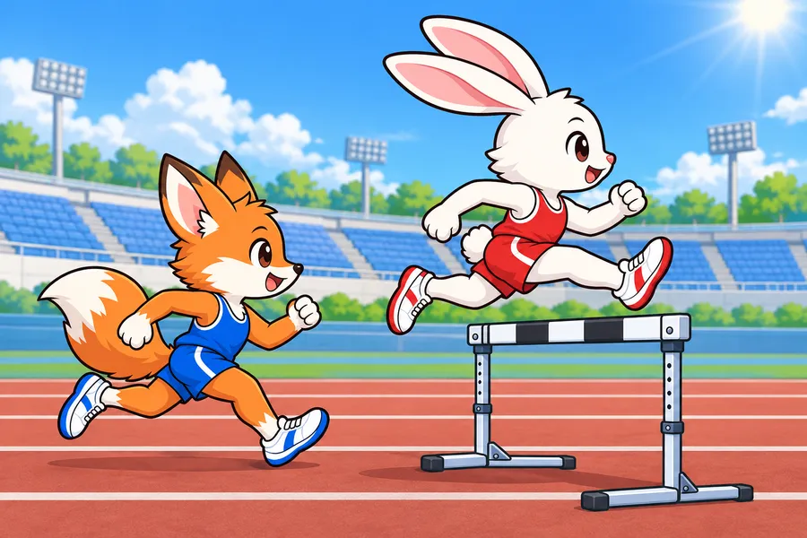 青空の競技場で、赤いユニフォームのうさぎの選手がハードルをまたぎ、青いユニフォームのきつねの選手がおいかけている